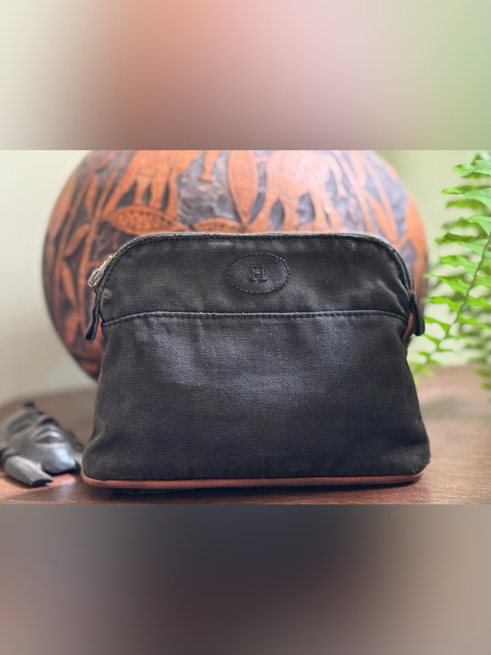 Hermès Bolide Canvas Toiletry Pouch Black with Leather Trim
